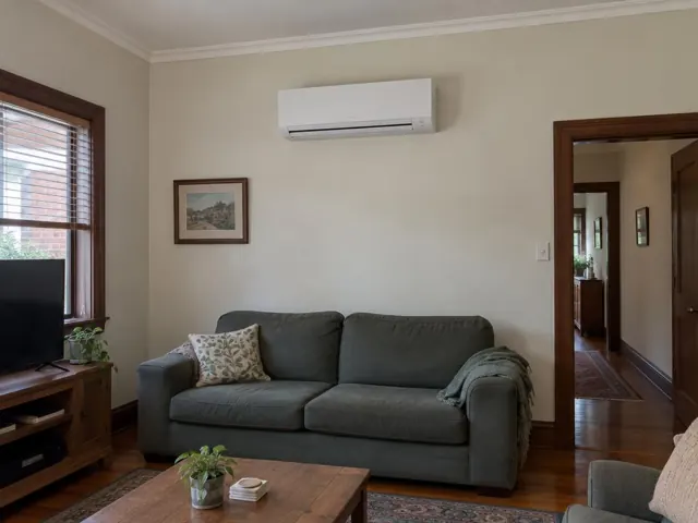 Wall-mounted split system above a sofa in a living room with timber trim and cream walls in Mitcham